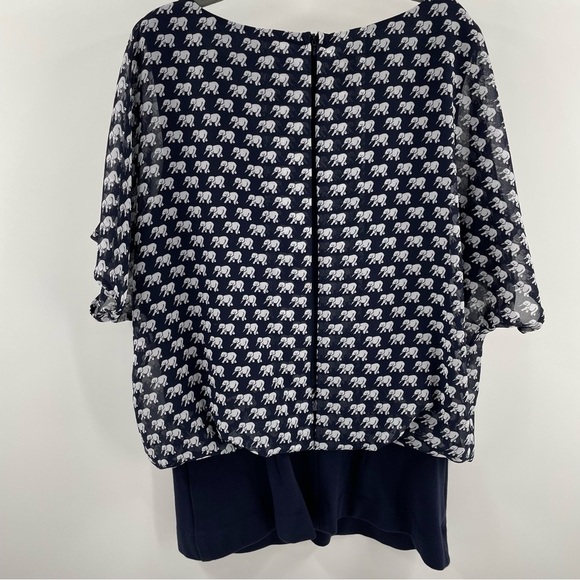 Cabi Elephant Parade Navy White Chiffon Overlay Banded Knit Body/Bottom Zip Top - Picture 6 of 11
